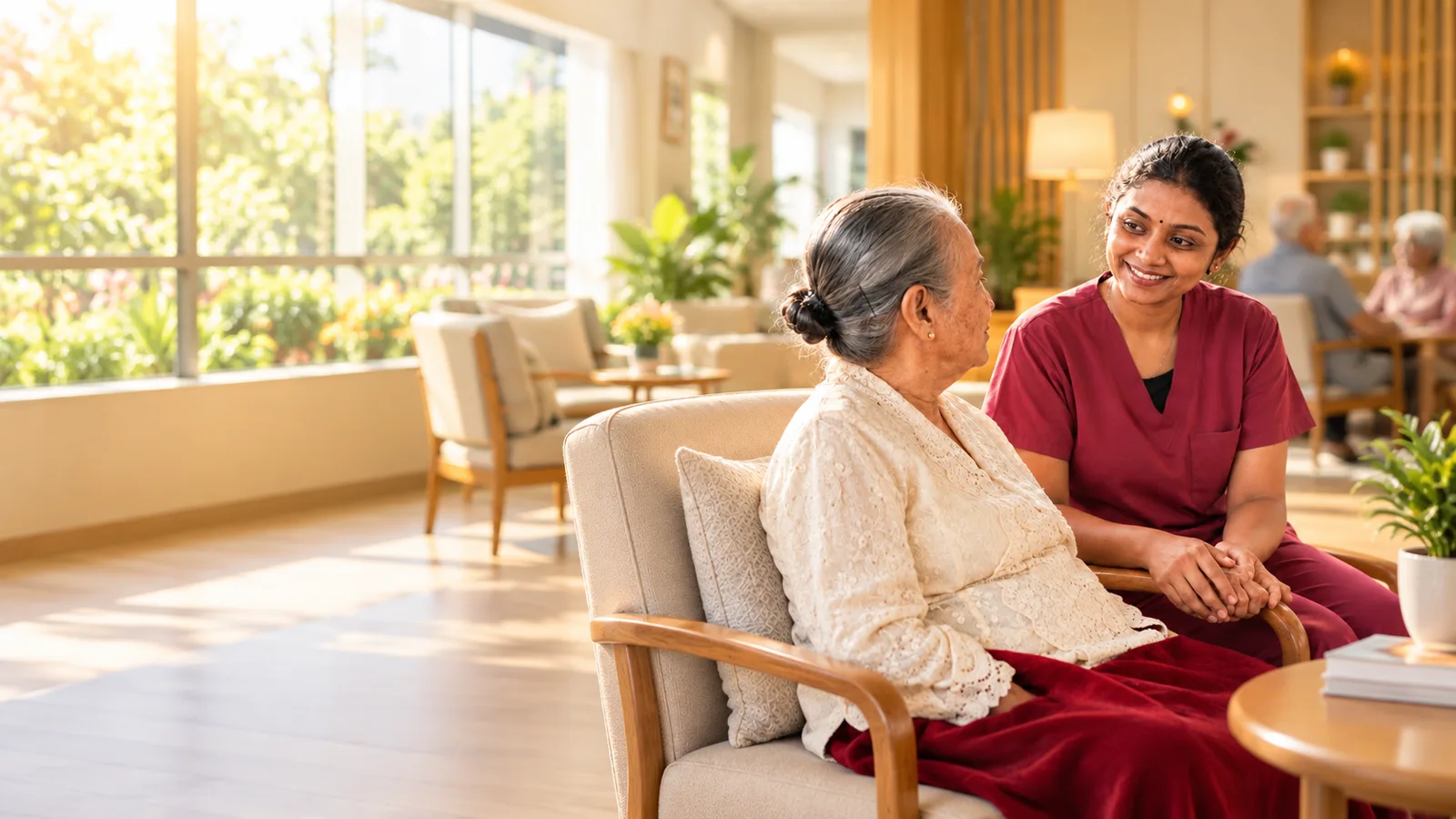 A caregiver warmly attending to a senior resident at a Mercy Senior Care Centre in Seremban