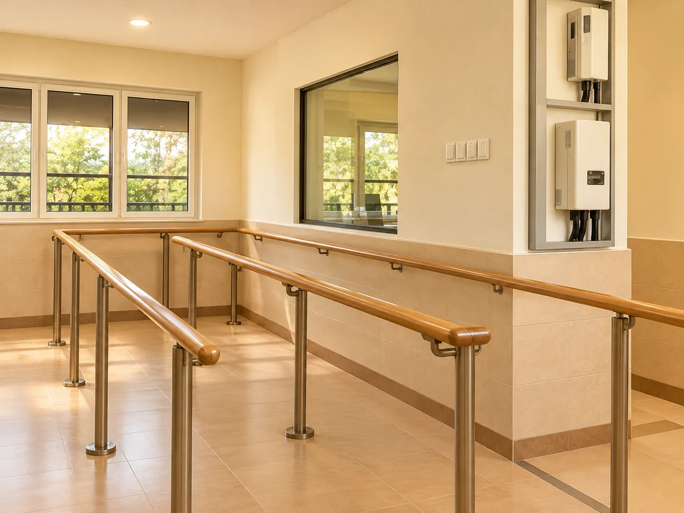 A corridor with non-slip flooring and a grab bar rail at Mercy Senior Care Centre, Rahang