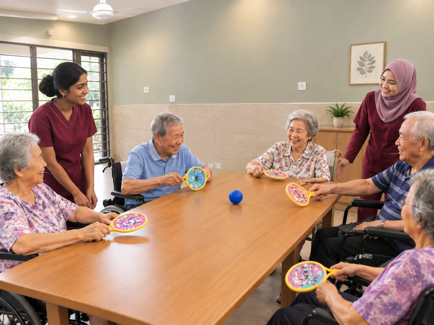 A group exercise session in the common hall at Mercy Senior Care Centre, Temiang