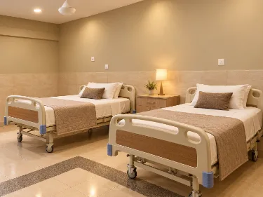 A twin-sharing resident room at Mercy Senior Care Centre, Temiang